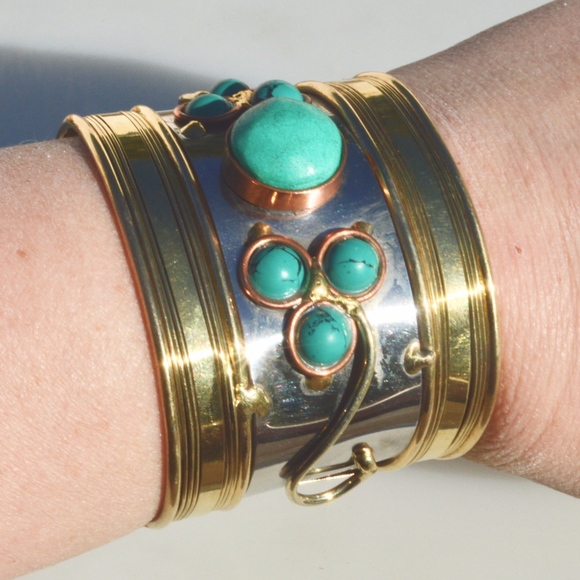 Turquoise Copper Brass Wide Cuff Bracelet Silver - Picture 7 of 8